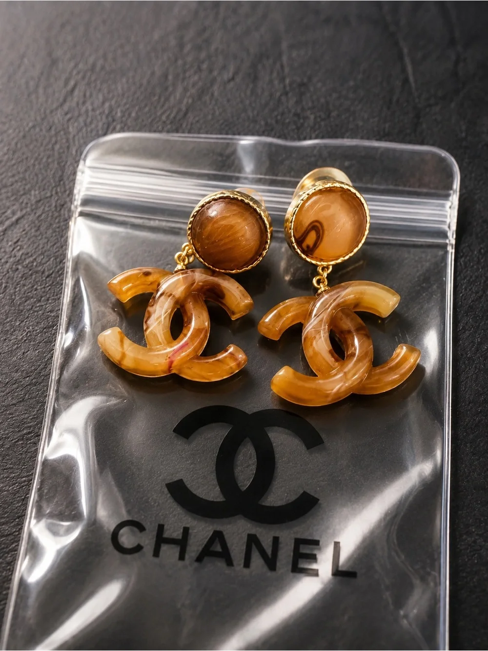 Amber-Tone CC Drop Earrings with Gold Details
